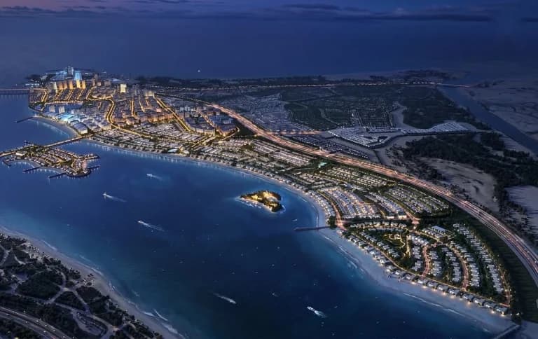 Aerial view of the waterfront destination at golden hour